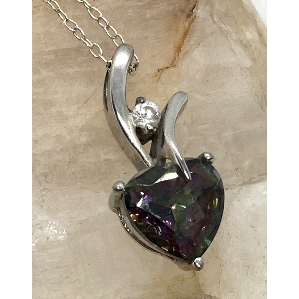 Mystic Quartz & CZ Heart Pendant 18.5 '' Necklace Sterling Silver 2.3g NYC‎ Love